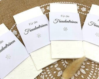 Geprägte Taschentücher Hochzeit mit Banderole "Für die Freudentränen", mit silberner Schneeflocke, Gastgeschenk Winter-Hochzeit, ab 10 Stück