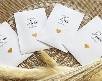 Hochzeit Gastgeschenk Blumensamen Tütchen, WEISS mit schimmerndem Herz in gold, silber, roségold, platinfarben | bienenfreundlich, 10 Stück