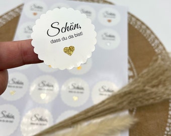 Sticker "Schön, dass du da bist" WEISS hochglänzend mit glitzerndem Herz für Hochzeit, Taufe etc., zum Verzieren & Verschönern, 20 Stück