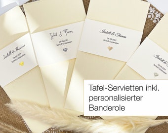 Servietten Hochzeit / Taufe personalisiert, CREME mit cremefarbener Banderole & eigenem Text +  Glitzer-Herz