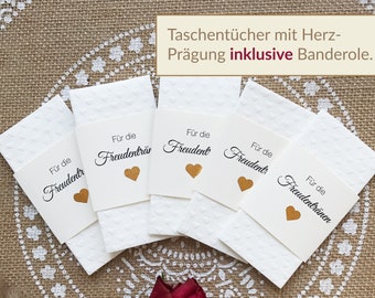 Geprägte Taschentücher Herz mit CRÈMEFARBENER Banderole "Für die Freudentränen", mit schimmerndem HERZ, ab 10 Stück, (OHNE Personalisierung)