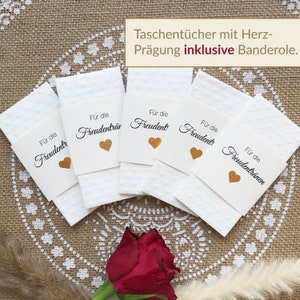 Embossed handkerchiefs heart with CRÈME COLOR band "For the tears of joy", with shimmering HEART, from 10 pieces, (WITHOUT personalization)