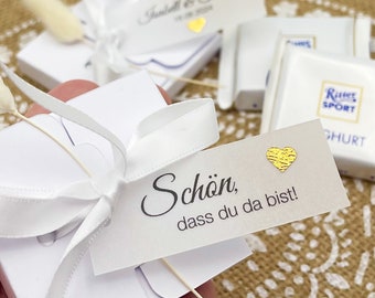 Gastgeschenk Ritter Sport Mini für Hochzeit, Taufe, Kommunion, kleine Schachtel + personalisierbares Label, Trockenblüte, INKLUSIVE SCHOKI