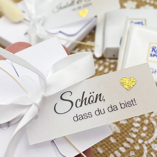 Gastgeschenk Ritter Sport Mini für Hochzeit, Taufe, Kommunion, kleine Schachtel + personalisierbares Label, Trockenblüte, INKLUSIVE SCHOKI