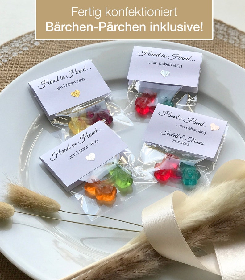 Gastgeschenk zur Hochzeit: Hand in Hand ein Leben lang Schön, dass du da bist. Bärchen-Pärchen,Gummi-Bärchen personalisiert,WEISS 10er Set Bild 1