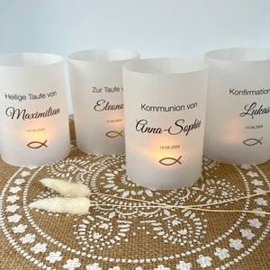 Lantern baptism/tea light cover for communion, confirmation, table decoration for Christian celebrations, fine parchment/transparent paper, personalized