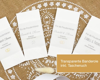 Handkerchiefs with transparent banderole &quot;For the tears of joy&quot;, with glittering RINGS, 10 pieces, ready-made, personalizable