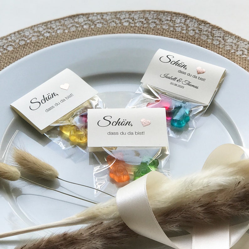 Gastgeschenk zur Hochzeit: Hand in Hand ein Leben lang Schön, dass du da bist. Bärchen-Pärchen, personalisiert, CRÈMEFARBEN,10er SET Bild 6