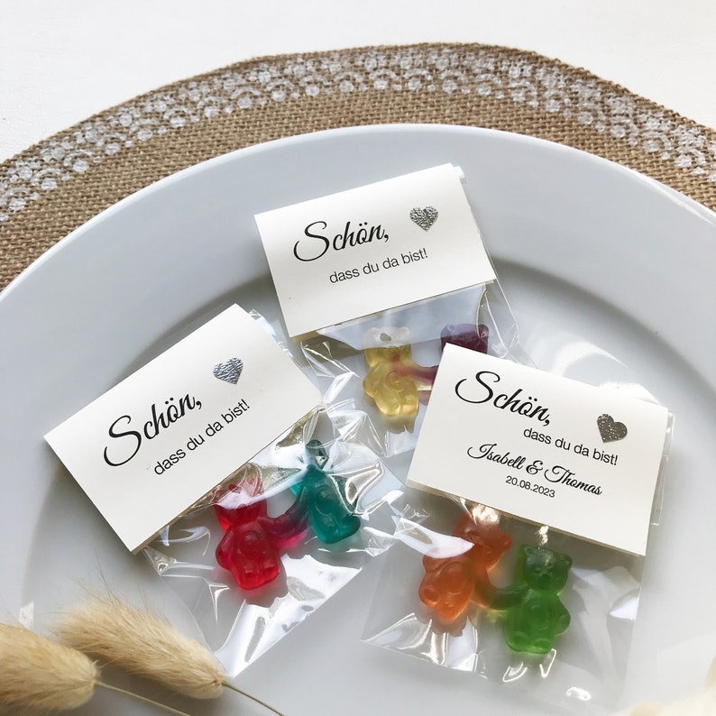 Gastgeschenk zur Hochzeit: Hand in Hand ein Leben lang Schön, dass du da bist. Bärchen-Pärchen, personalisiert, CRÈMEFARBEN,10er SET Bild 5