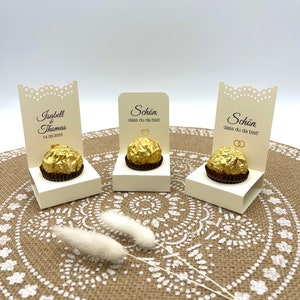 Gastgeschenk Schokolade Hochzeit, personalisiert, Rocher / Pralinen-Halter,Schokoladen-Ständer, Tisch-Deko Hochzeit, CREMEFARBEN, 10 Stück