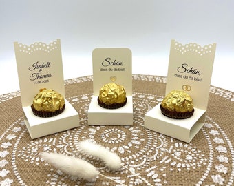 Gastgeschenk Schokolade Hochzeit, personalisiert, Rocher / Pralinen-Halter,Schokoladen-Ständer, Tisch-Deko Hochzeit, CREMEFARBEN, 10 Stück