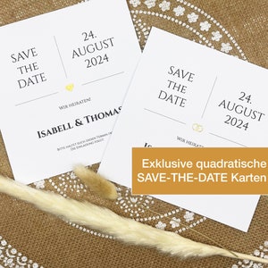 SAVE THE DATE | Edle quadratische Save-the-Date Karten zur Verkündung des Hochzeitstermins mit glitzerndem Herz / Ringen in 4 versch. Farben