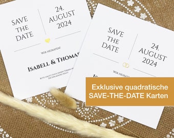 SAVE THE DATE | Elegant square save-the-date cards to announce the wedding date with glittering hearts/rings in 4 different colors