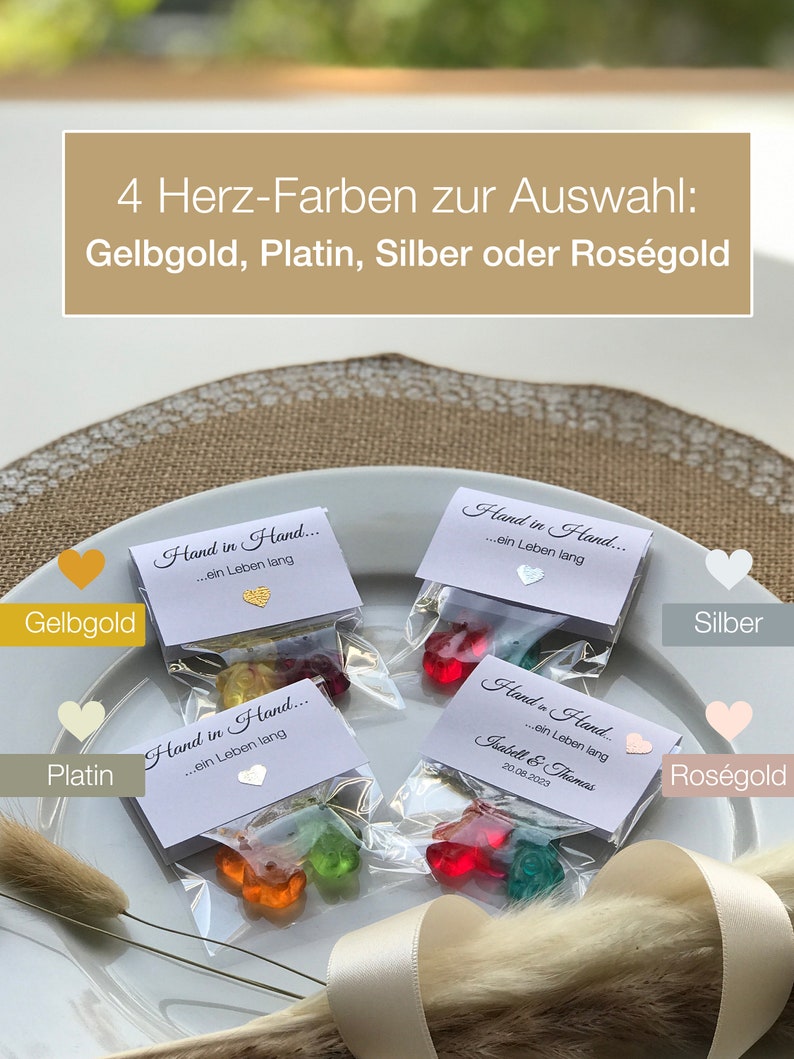 Gastgeschenk zur Hochzeit: Hand in Hand ein Leben lang Schön, dass du da bist. Bärchen-Pärchen,Gummi-Bärchen personalisiert,WEISS 10er Set Bild 2