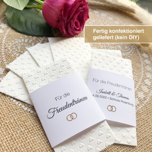 Embossed handkerchiefs heart with banderole "For the tears of joy", with gold rings, optionally personalized, from 10 pieces, banderole WHITE