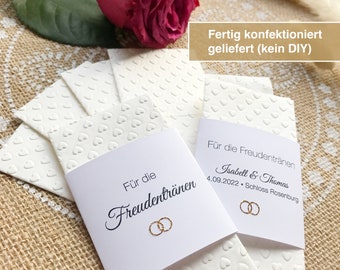 Geprägte Taschentücher Herz mit Banderole "Für die Freudentränen", mit goldenen Ringen, optional personalisiert, ab 10 Stück,Banderole WEISS