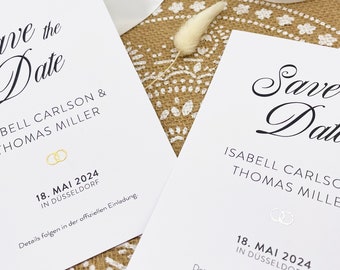 Save the Date Hochzeit mit goldenen/silbernen Ringen, 10 Karten DIN A6, minimalistisch, edel, Verkündung Hochzeitstermin, Einladung Hochzeit