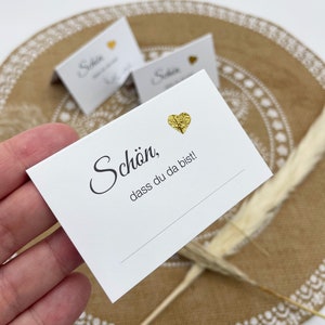 Segnaposto matrimonio/battesimo "È bello che tu sia qui" cuore scintillante oro, argento, oro rosa. Segnaposti da scriversi addosso, 25 pezzi.