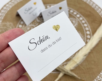 Tischkarten Hochzeit / Taufe "Schön, dass du da bist" glitzerndes Herz Gold, Silber, Roségold. Platzkarten zum selbst Beschriften, 25 Stück.