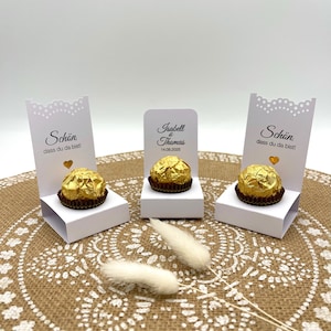 Gastgeschenk Schokolade Hochzeit, personalisiert, Rocher / Pralinen-Halter,Schokoladen-Ständer, Tisch-Deko Hochzeit, WEISS, 10 Stück
