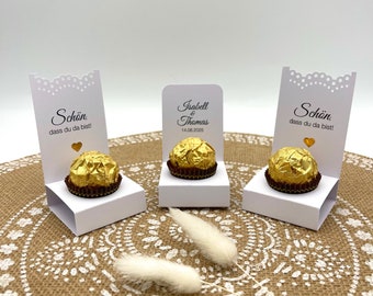 Gastgeschenk Schokolade Hochzeit, personalisiert, Rocher / Pralinen-Halter,Schokoladen-Ständer, Tisch-Deko Hochzeit, WEISS, 10 Stück