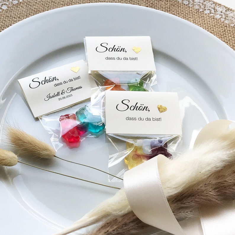 Gastgeschenk zur Hochzeit: Hand in Hand ein Leben lang Schön, dass du da bist. Bärchen-Pärchen, personalisiert, CRÈMEFARBEN,10er SET Bild 1