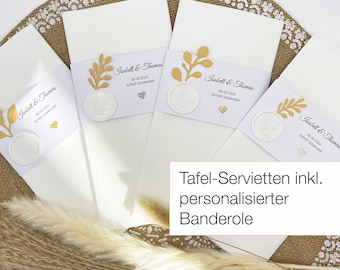 Servietten Hochzeit / Taufe personalisiert, WEISS mit weißer Banderole & individuellem Text + Wachssiegel + florales Element + Glitzer-Herz