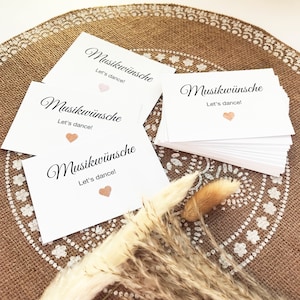 Aanvraagkaarten voor muziek voor bruiloften - Aanvraagkaarten voor muziek voor bruiloften, elegante kaarten in WIT + glinsterend hart in ROSÉGOUD, 25 stuks