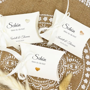 Wedding / Baptism Gift Packaging: Pillow Box CREME with cream satin ribbon and glittering heart, optionally personalized, 10 pieces