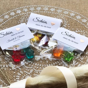 Gastgeschenk zur Hochzeit: Hand in Hand ein Leben lang Schön, dass du da bist. Bärchen-Pärchen,Gummi-Bärchen personalisiert,WEISS 10er Set Bild 8