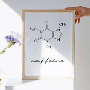 May include: A framed print featuring a black and white illustration of the chemical structure of caffeine. The word "caffeine" is written in cursive below the illustration.