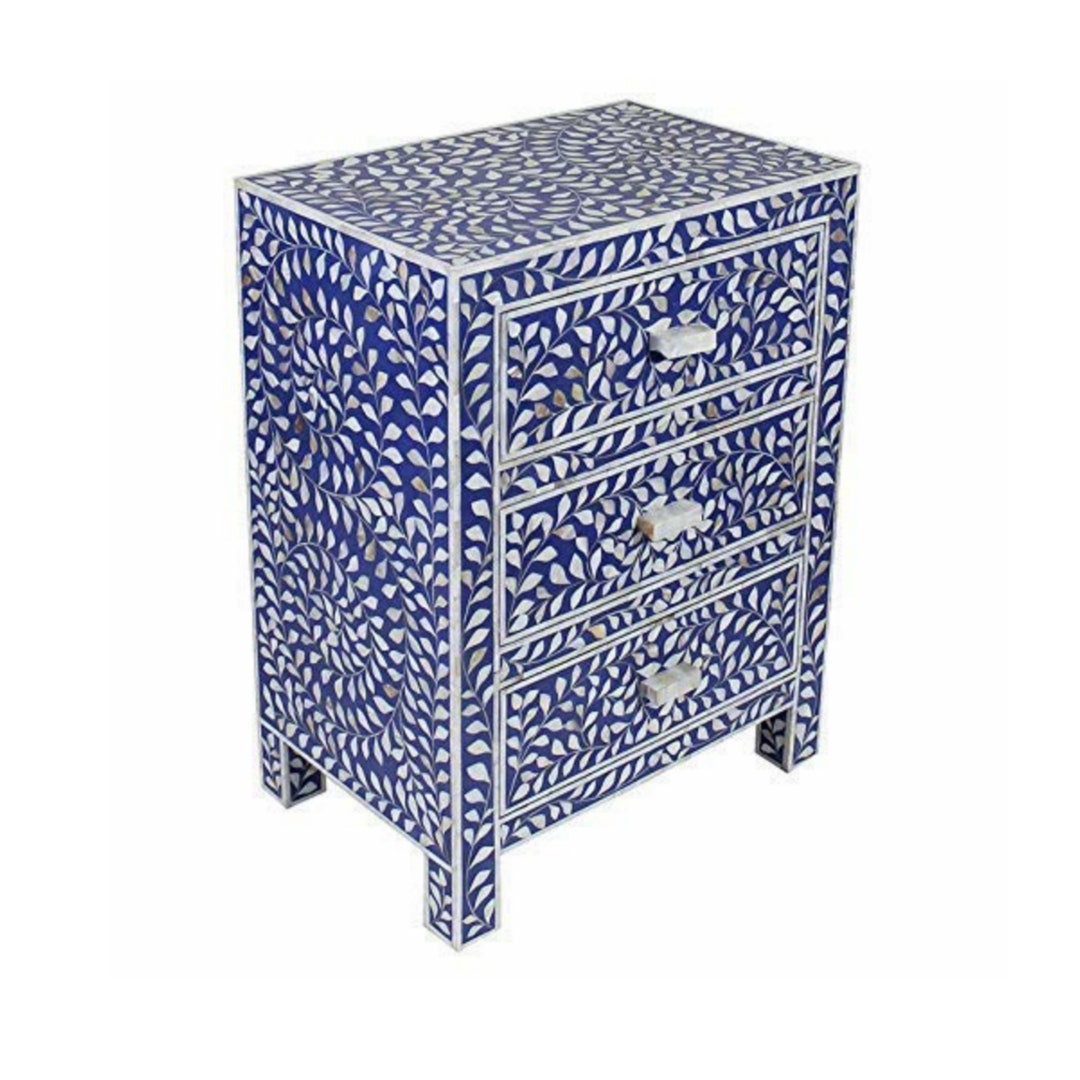 Nightstand With 3 Drawers, Bone Inlay Blue Narrow Wooden Bedside Table ...