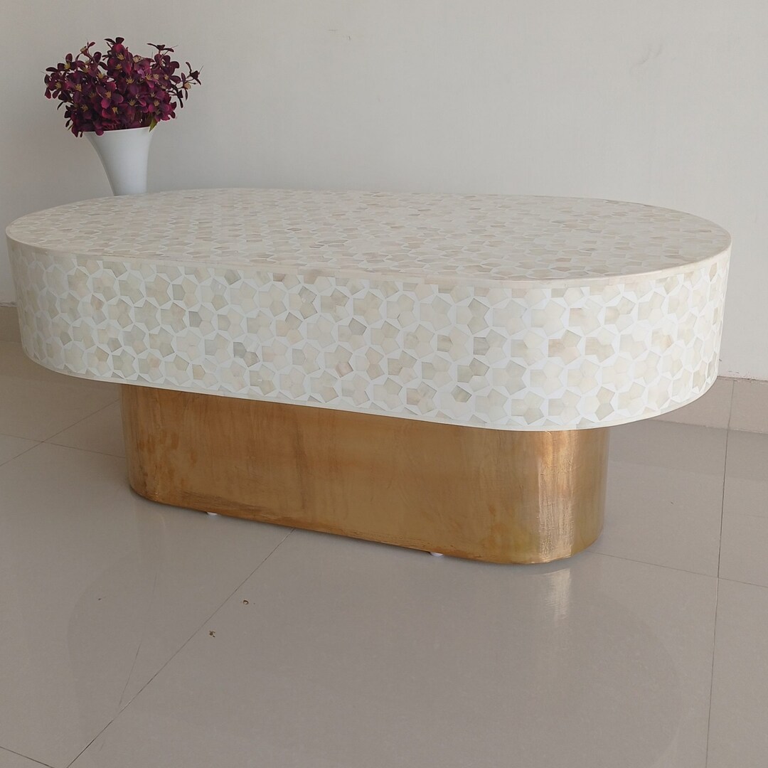 Modern Gold Legs Oval Shape Coffee Table, Unique Low Table, Dining Room