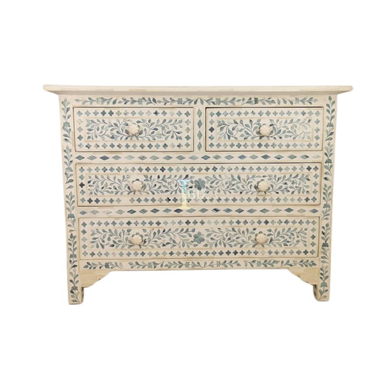 Beautiful Boho Dresser, Media Hall Table, 4 Drawer Lowboy Bedroom Dresser, Bone Inlay