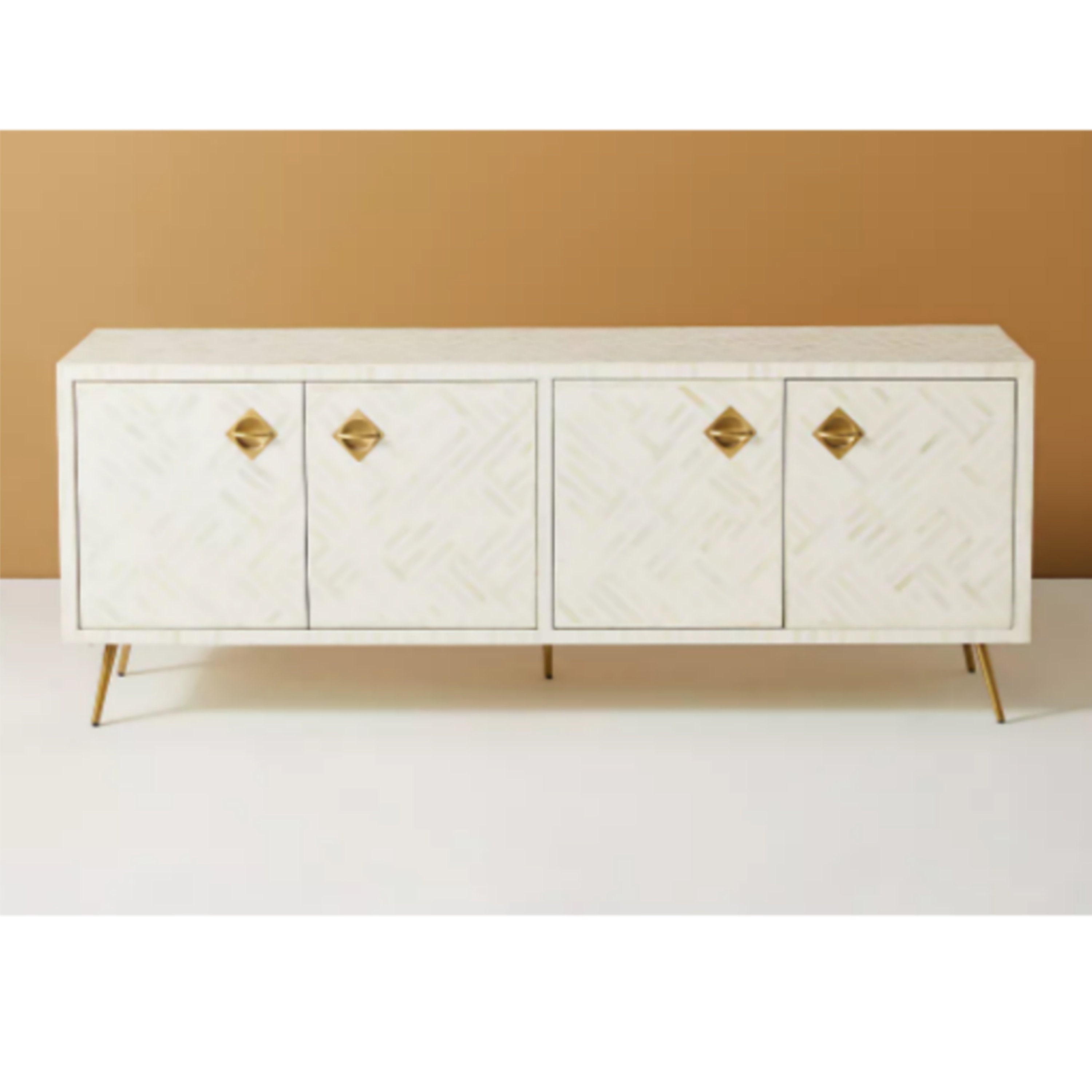 Modern White Tv Stand, Minimalist Media Console, Bone Inlay Cabinet ...