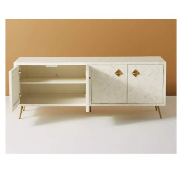 Meuble tv blanc moderne, console multimédia minimaliste, meuble de rangement avec incrustation d'os, console multimédia, armoire 4 portes, crédence longue