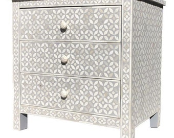 Bone Inlay Chest of Drawer, Antique Table, 3 Drawer Dresser, Grey Entryway Table, Bone inlay Unique Home Decor, Bedroom Furniture