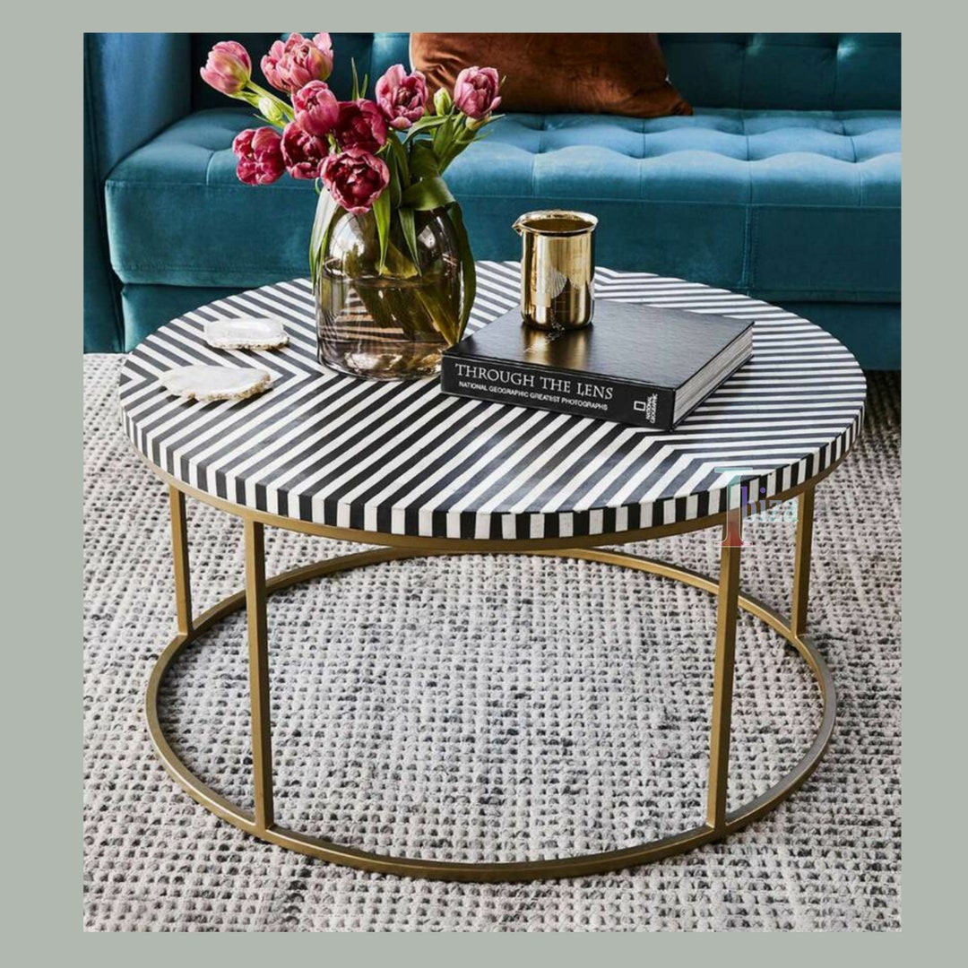 Round Black Coffee Table Gold Metal Legs Low Coffee Table Etsy