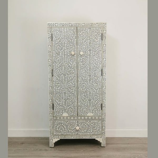 Tall armoire wardrobe with 2 Door & 1 Drawer, Hanging Armoire,  Clothing Display Large Closet, Wooden Carved Almirah, Bone inlay Cupboard