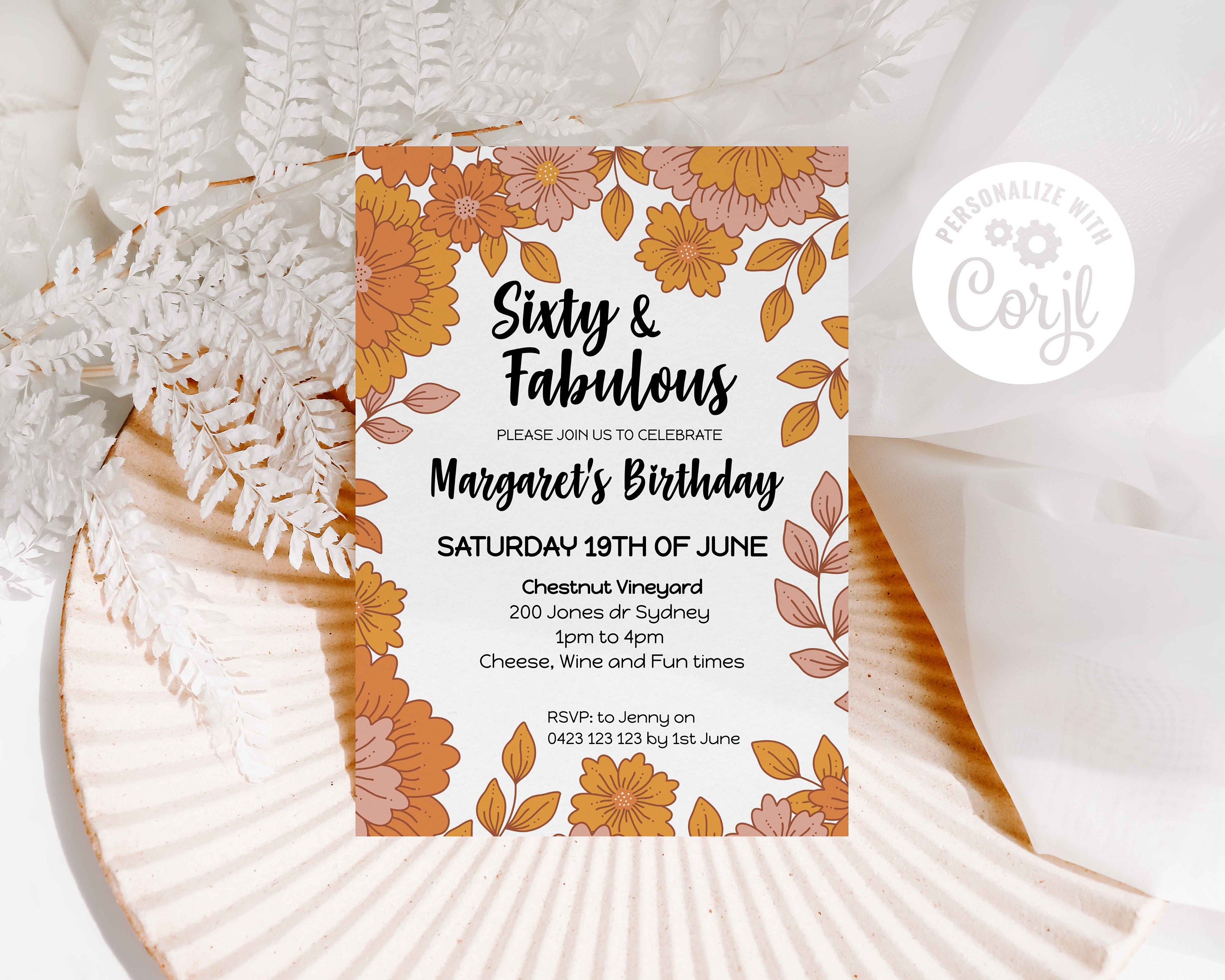 Editable 60th Birthday Invitation, Women Birthday Invitation, White