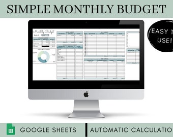 May include: A computer screen displaying a Google Sheets spreadsheet with a monthly budget template. The template includes sections for income, expenses, and a pie chart showing cash flow at a glance. The text "SIMPLE MONTHLY BUDGET" is displayed at the top of the screen. The text "EASY TO USE!" is displayed in a circle on the right side of the screen. The text "GOOGLE SHEETS" and "AUTOMATIC CALCULATIONS" are displayed at the bottom of the screen.