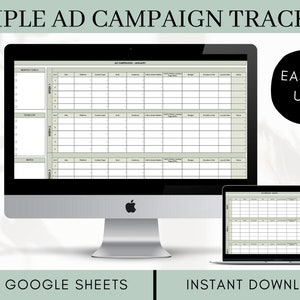 Puede incluir: Una pantalla de ordenador que muestra una hoja de cálculo de Google Sheets con un fondo verde y el texto "SIMPLE AD CAMPAIGN TRACKER" en la parte superior. La hoja de cálculo está dividida en tres secciones: "Objetivos semanales", "Lista de tareas" y "Notas". Cada sección tiene una tabla con columnas para "Día", "Objetivo", "Tipo de contenido", "Objetivo", "Público", "Botones de copia y acción", "Segmentación del público objetivo", "Presupuesto", "Evaluación del anuncio" y "Notas". La hoja de cálculo se titula "Campañas publicitarias - Enero". La imagen también incluye el texto "¡FÁCIL DE USAR!" y "DESCARGA INSTANTÁNEA" en texto negro sobre fondo blanco.