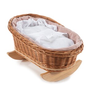 Natuurlijke rieten kinderwagen met ROZE-WIT linnen beddengoed, rieten poppenwieg, ecopop, natuurlijke poppenwagen, rieten wieg