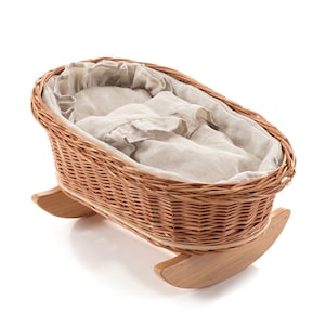 Natural wicker dolls cradle with NATURAL linen bedding, 1st birthday gift, organic wicker doll crib, natural toys for toddler girl, eco toy.