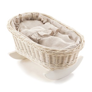 White wicker dolls cradle with NATURAL linen bedding, 1st birthday gift, organic wicker doll crib, natural toys for toddler girl