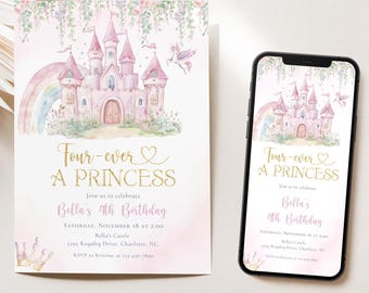 Puede incluir: Una invitación con temática de princesa y un teléfono inteligente que muestra el mismo diseño. La invitación presenta un castillo de acuarela, un arcoíris y el texto "Four-ever A Princess". El diseño es en tonos rosa y dorado, ideal para un cumpleaños.