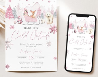 Convite editável para chá de bebê de animais do Ártico de inverno rosa, convite para chá de bebê de inverno ártico para meninas, chá de bebê frio lá fora, BBS115