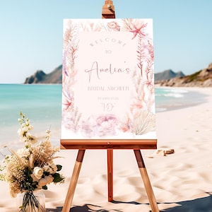 Plantilla editable de letrero de bienvenida para despedida de soltera en el océano, póster de entrada para despedida de soltera con conchas marinas de coral rosa, despedida de soltera en la playa junto al mar náutico, BDS47