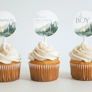 Bearbeitbare Woodlands Babyparty Cupcake Toppers, Bergwald Abenteuer Babyparty Dekoration, im Freien rustikale Baby Cupcake Toppers, BBS8