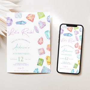 May include: A birthday invitation and a smartphone displaying the same design. The design features watercolor illustrations of colorful gemstones and the text "Let's Rock!" with the name "Adriana's" and the number "12".
